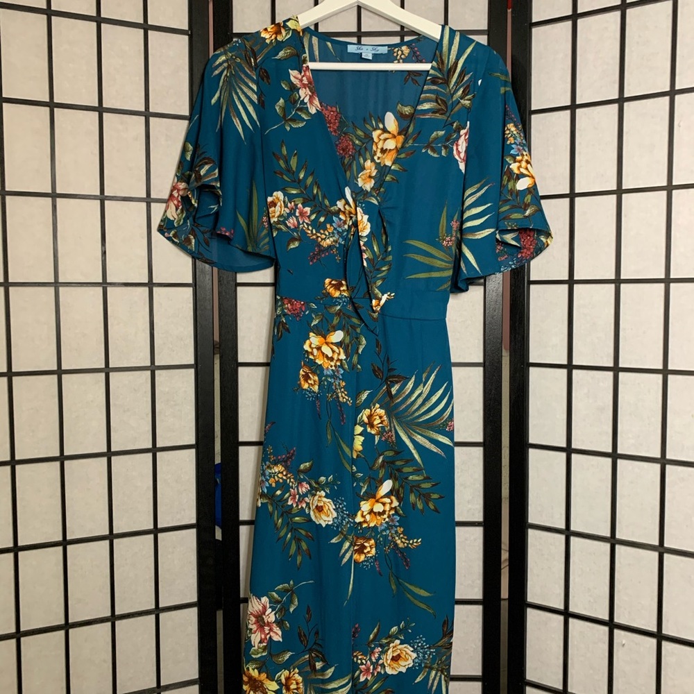 Tropical floral teal crop leg tie front jumpsuit